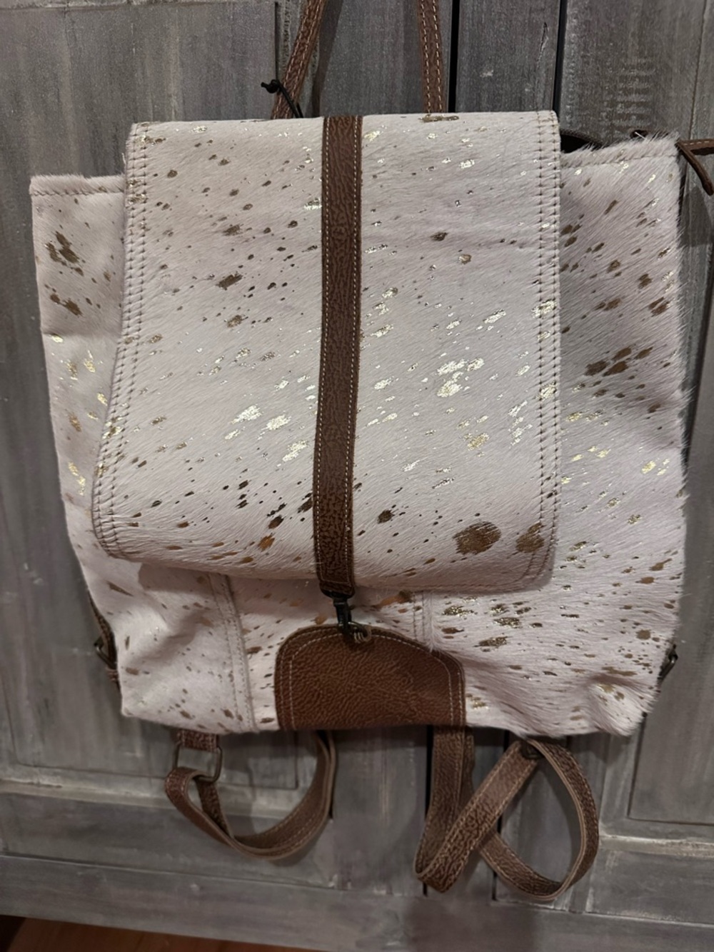 Myra Bag White Backpack with Brown Trim and Gold Fleck